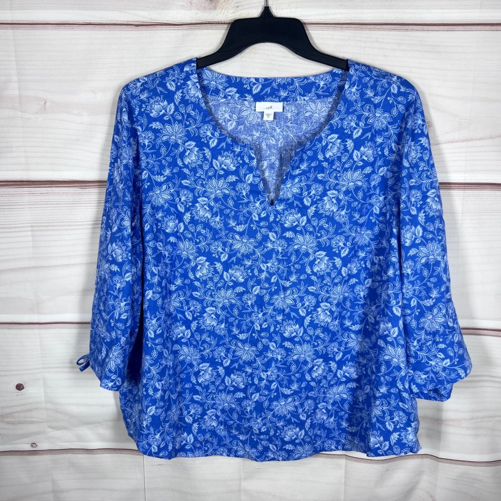 J.Jill Blouse Womens 2X Blue Floral Linen Blend V-Neck 3/4 Sleeve Top Pullover